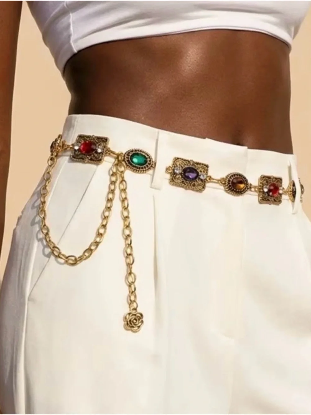 Gold-tone Multi Gem Chain Waist Belt - Women's White Outfit Accessory